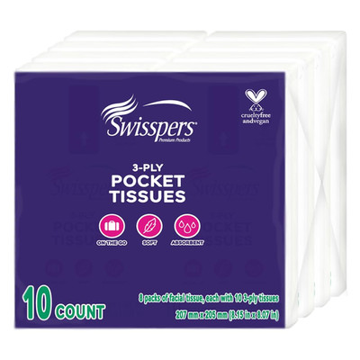 Swisspers Pocket Tissues, 3-Ply White Facial Tissues for Purse, Pocket, Car, Str