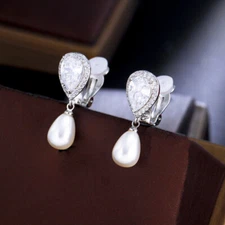 Sparkling White CZ Drop Pearl Non Pierced Ear Clips On Earrings Without Piercing