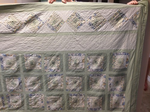 Vintage Pale Green Floral Patchwork Checkered Quilt 118' x 120' - Picture 18 of 24