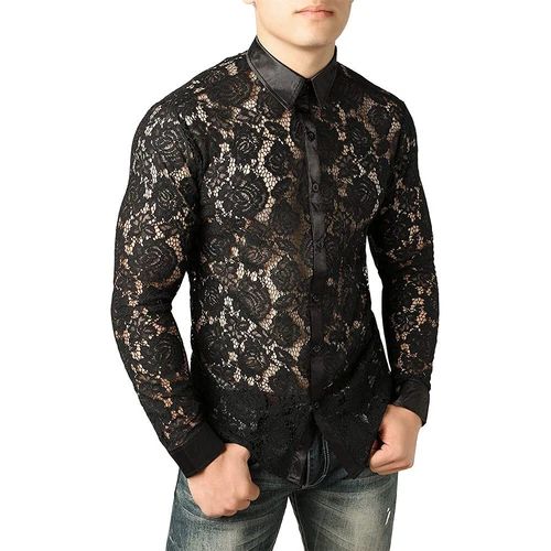 T-shirt maglietta uomo maglia pizzo trasparente floreale trasparente con bottoni nuova moda - Foto 12 di 14