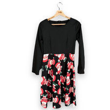 Ladies Christmas Dress 8 Black Santa Print Long Sleeved A Line Midi