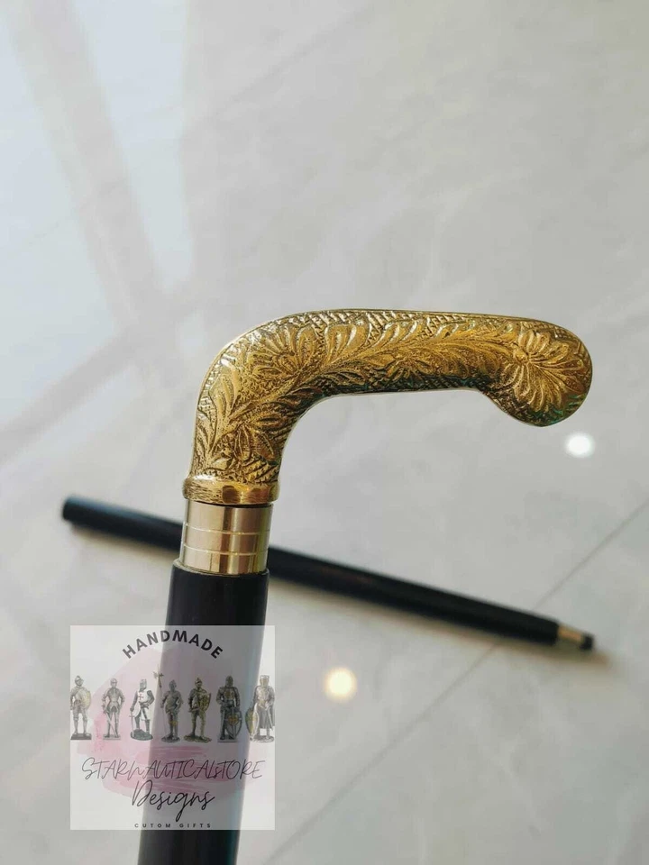 Antique Brass Designer Handle Vintage Walking Cane Wooden Walking Stick Men's - Image 3 of 4