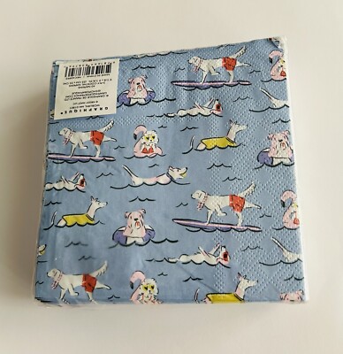 New 40 Blue Paper Cocktail Napkins Dogs in Ocean Surfing Swimming Graphique