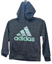 Adidas Hoodie Youth Size Small 8 Gray Green Logo Sweatshirt 100 Polyester