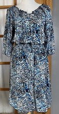 90s Ashley Stewart Smocked Chiffon Dress 18/20 Blue Abstract Made In USA Career