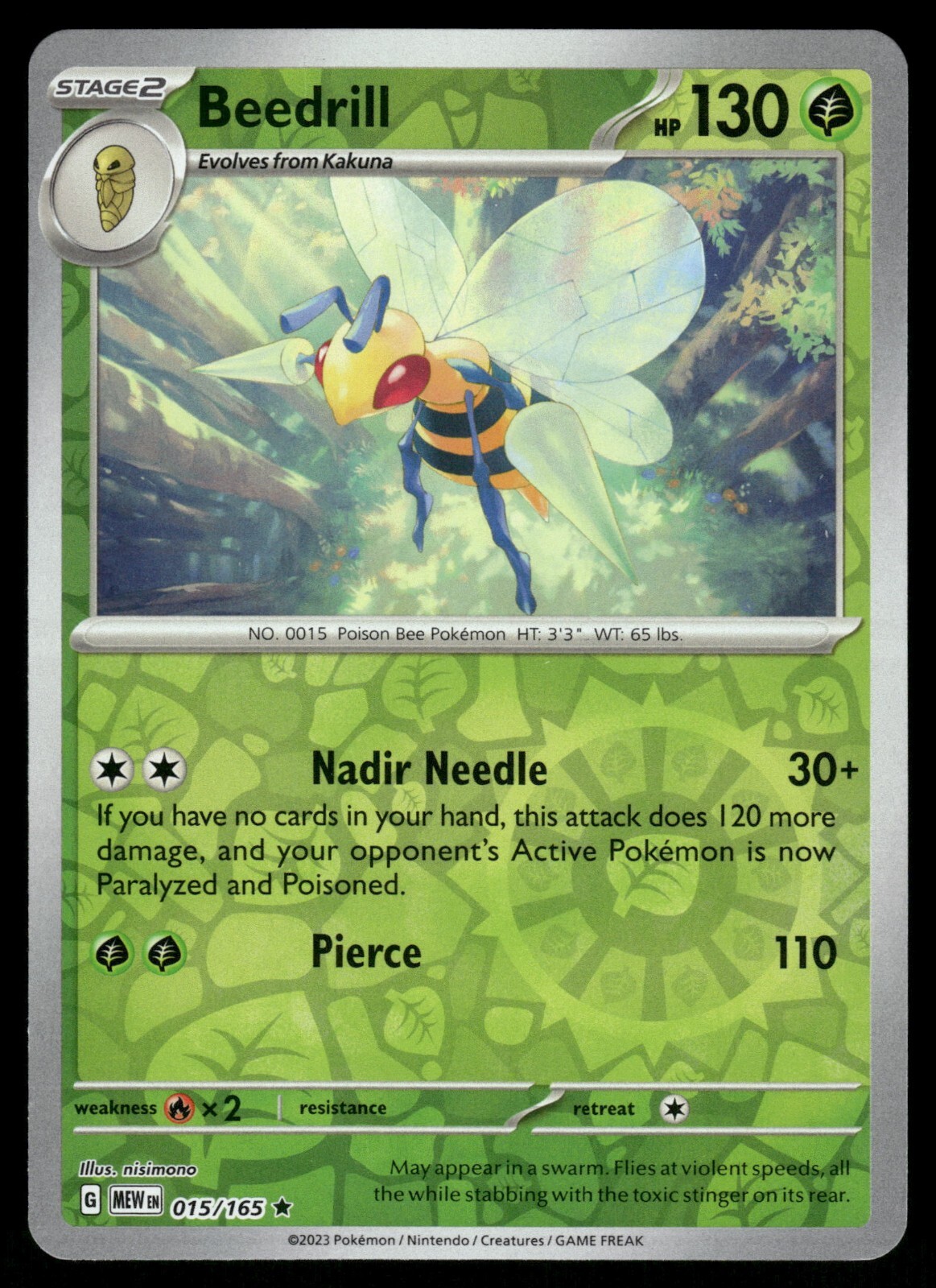 Beedrill Reverse Holo NM 015/165 Scarlet & Violet 151 Pokemon Card