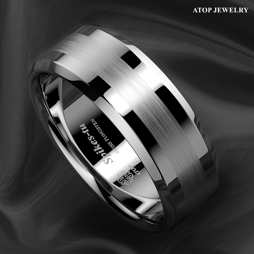 8/6mm Brushed Center Silver Tungsten Carbide ring Wedding Band ATOP Mens Jewelry - Image 3 of 4