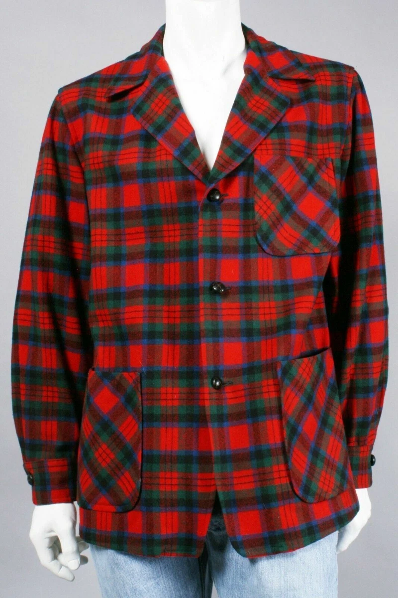 M Vintage PENDLETON 1960s Red Plaid Wool Field Jacket Coat Shirt Hunting USA 60s
