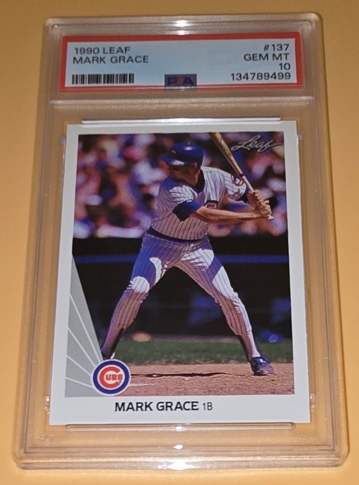 Mark Grace PSA 10 1990 Leaf Baseball #137 Chicago Cubs MLB Vintage Baseball Card view 2
