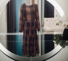 Next Midi Dress Black Brown Size 10 Check Long Sleeve Tiered Work Casual New