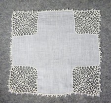 Square Handkerchief Vintage White Cotton 11 x11 " Hand Crochet Corner Block