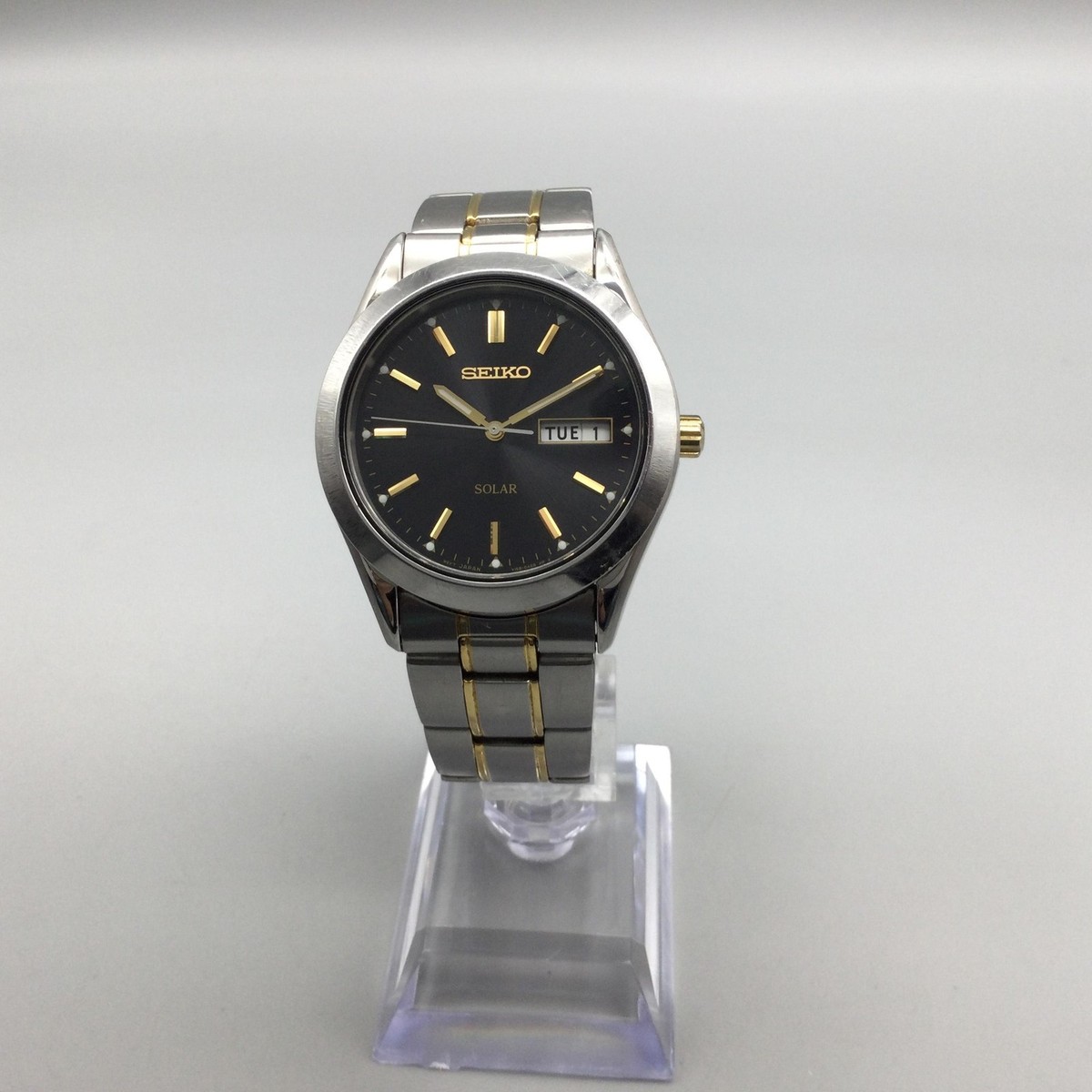 Seiko Solar Mens Watch 37mm Black Dial Stainless Two Tone Day Date