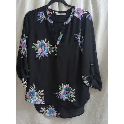 Daniel Rainn Womens Black Floral 3/4 Roll Tab Sleeve Split Neck Blouse Medium