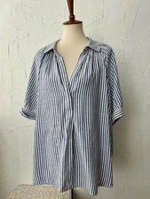 MAX STUDIO women’s Top 2X Oxford Blue Stripe Pullover Need No Iron Modest EUC