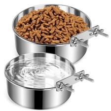 2 PCS Silver Crate Dog Bowls Stainless Steel Hanging Kennel Feeder Station