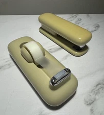 Vintage 1980s Atomic Age Eldon Office Desk Stapler & Tape Dispenser Lot Ivory