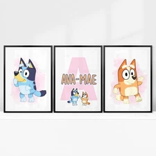Personalised Bluey Wall Art Pink Girls Bedroom Nursery Bingo Prints Set of 3