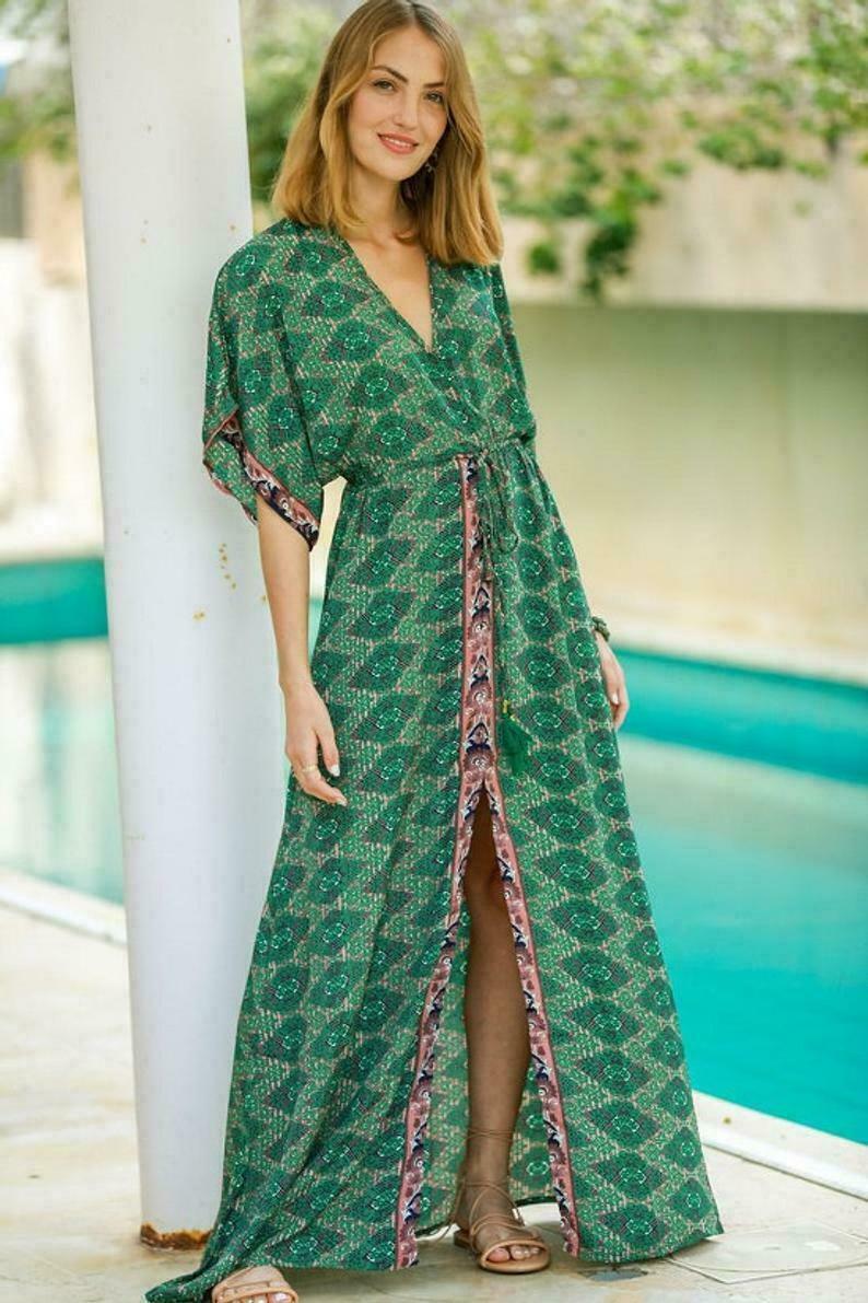 India Vintage Seda Sari Mujer Maxi, Mujeres Kimono, Kimono Largo, Tamaño Libre