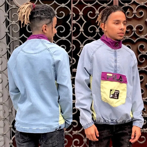 Pullover uomo Fila sabbiato viola verde lime giacca denim