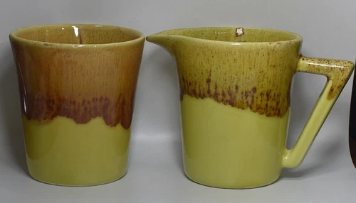 Midcentury WINART Art Pottery Set Yellow Brown Drip Glaze Sugar & Cream Signed