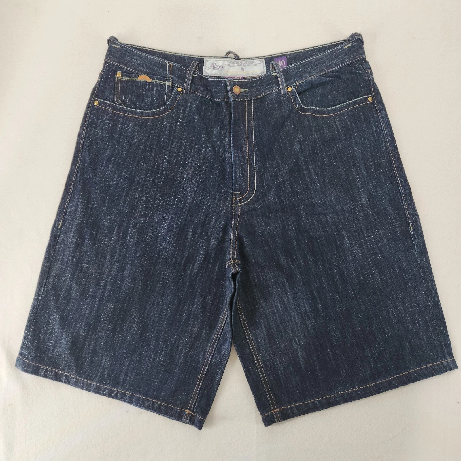 Akoo Men's Dark Wash Shorts Sz. 40 Embroidered Back Pockets Y2k 90s Baggy