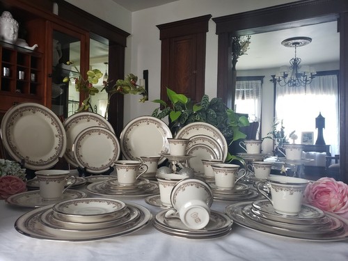 Lenox - Lace Point - 30 Pcs. Dinnerware Set, Gray & Pink Flowers, Platinum Trim - Picture 6 of 15