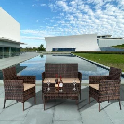 Salon de jardin en résine tressée Marron - 4 Places– 2 Chaises 1 Table 1 Sofa FR - Photo 1/4
