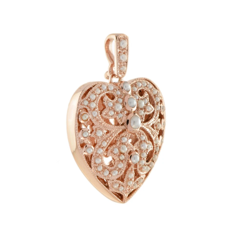 Colgante Corazón Filigrana Estilo Vintage Perla Natural Agua Dulce Oro Rosa 14K Foto 3 de 4