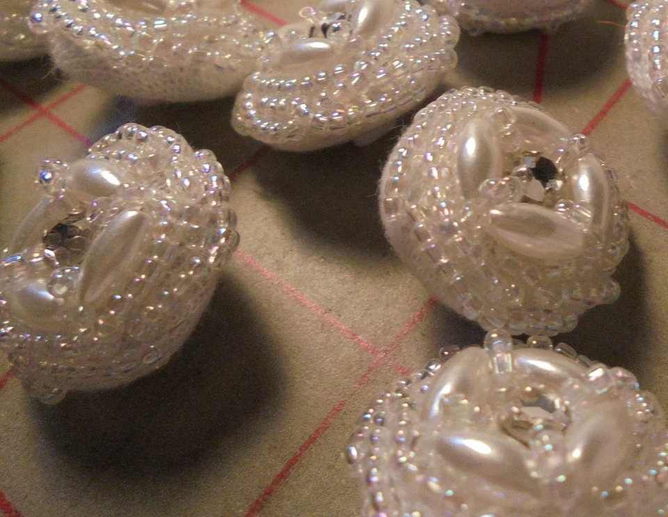 5 Vintage HandMade Bridal Buttons Rhinestone Center 4 Oval & Seed Beads White AB - Image 3 of 4