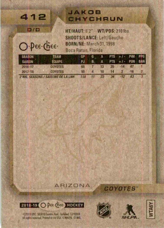 2018-19 O-Pee-Chee Jakob Chychrun #412 - Image 2 of 2