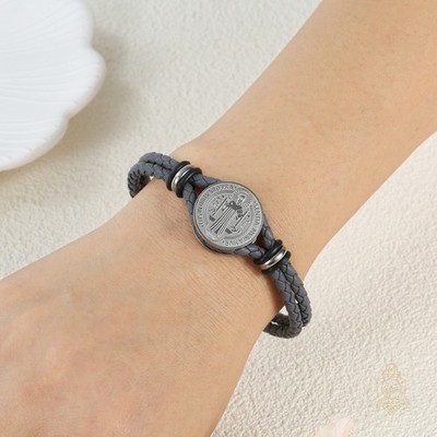 Catholic Town Saint Benedict Leather Bracelet with Stainless Steel Medal