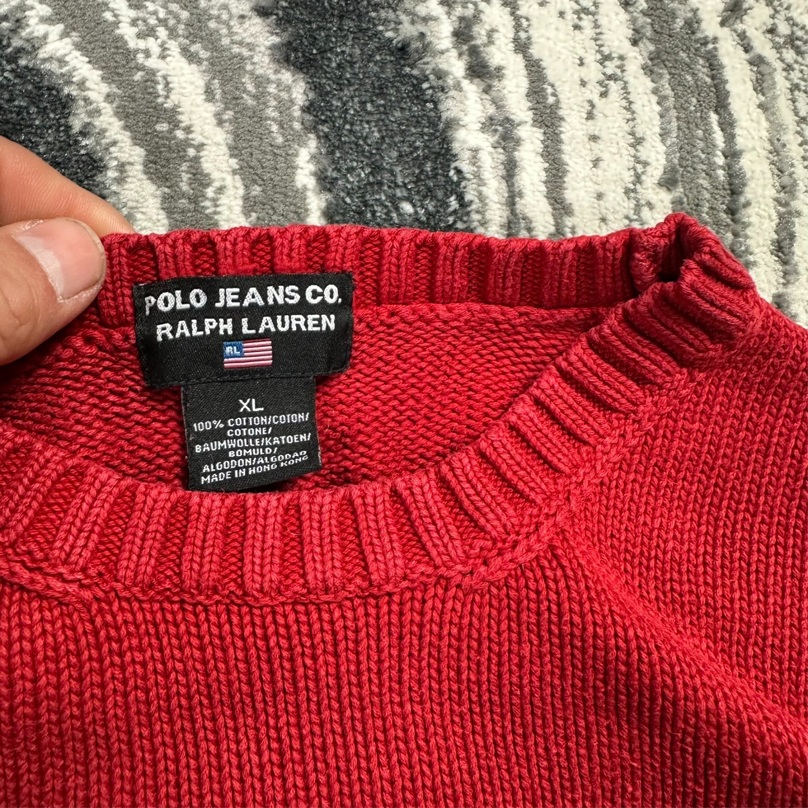 Women's VTG Ralph Lauren 90's Polo Jeans USA Flag Red 3/4 Sleeve Knit XL Jumper image 3