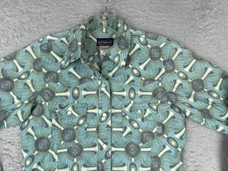 Camisa Patagonia Mujer Pequeña Azul Algodón Perla A Presión Manga Larga Drifter Western Foto 4 de 4