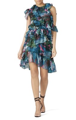 MSGM Printed Sea Blue Ruffle Dress Size 44 (US 8) Designer MSRP $990 Made in Ita