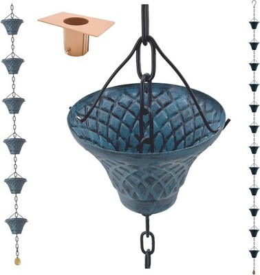 [Upgraded] 8.5FT Sky Blue Iron(Both-Sided Rain Chains Gutter & Rain Barrel