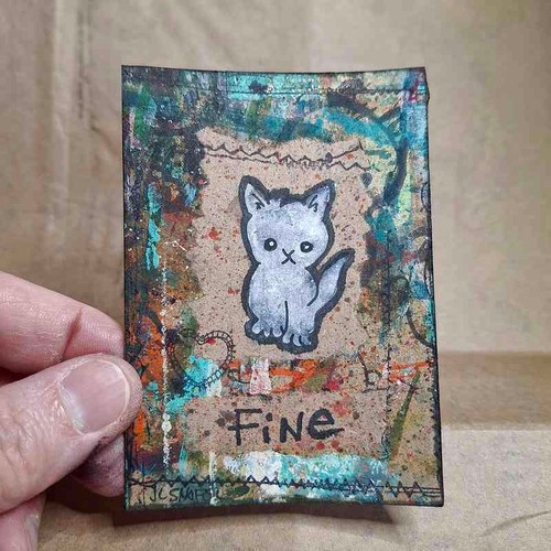 ACEO Original Sad Kitten Cat Art Mixed Media Recycled Paper - Fine