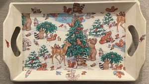 Vintage Forrest Animals Chipmunk Christmas Wrapping Paper Decoupage Wooden Tray