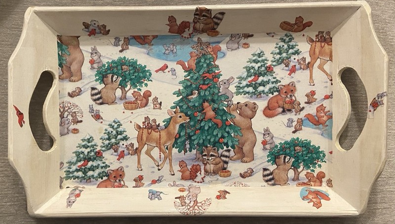 Vintage Forrest Animals Chipmunk Christmas Wrapping Paper Decoupage Wooden Tray