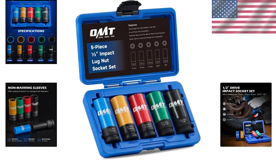 Impact Socket Set 5pc 1/2 Drive Metric SAE Thin Wall Lug Nut Removal Kit - Image 2 of 4