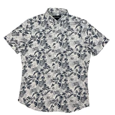 Mizzen Main Shirt Men Medium Blue White Hawaiian Print Performance Button Down