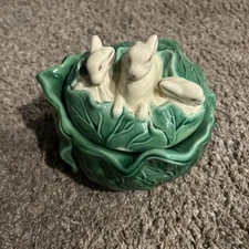 Vintage Holland Mold Cabbage Leaf Covered Dish Jar with Lid and Rabbits Bunnies