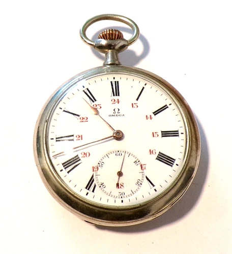 Antique c. 1914 OMEGA Pocket Watch, Silver Tone Case 24-Hour 4404816 Works/Runs!
