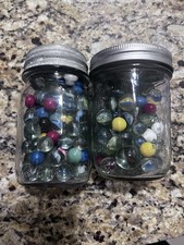 Lot Of Vintage Marbles - Different Sizes And Colors In Mason Jars