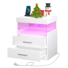 High Glossy Night Stand, White LED Night Stand with Charger Station, Bedside ...