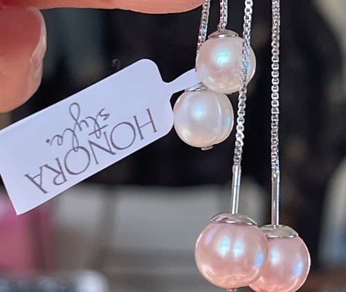 Pink and White Cultured Freshwater Pearl (8mm) Threader Earrings in S S New In B - Picture 4 of 15