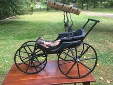 Antique 19th Century Victorian Doll Carriage Pram Buggy Wooden Fringed Canopy