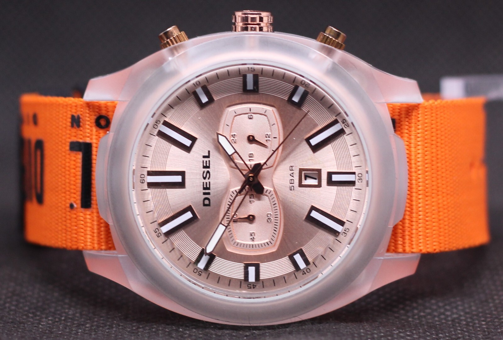 NIB Diesel Clasher Silver Dial Quartz Orange Band Analog Men's Wrist