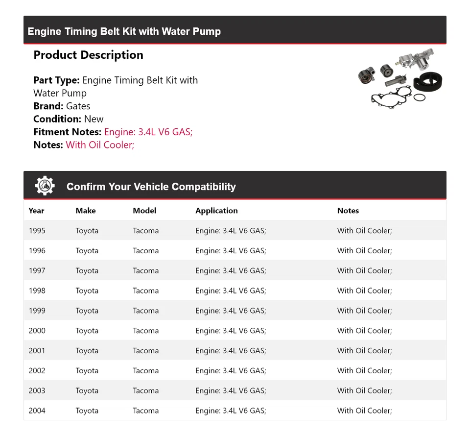 Kit de correa de distribución de motor Toyota Tacoma 1995-2004 con puertas de bomba de agua 1996 Foto 2 de 3