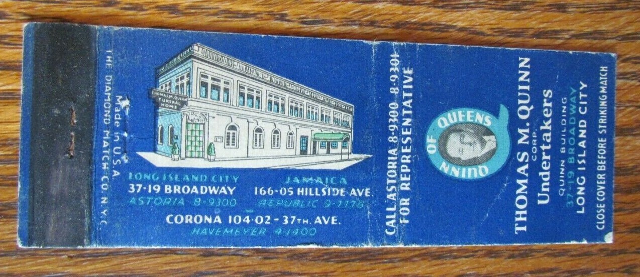 LONG ISLAND CITY, NEW YORK THOMAS QUINN FUNERAL HOME 1940s MATCHBOOK