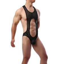 Men Mankini Leotard Bodysuit Lace Underwear Wrestling See-through One-piece